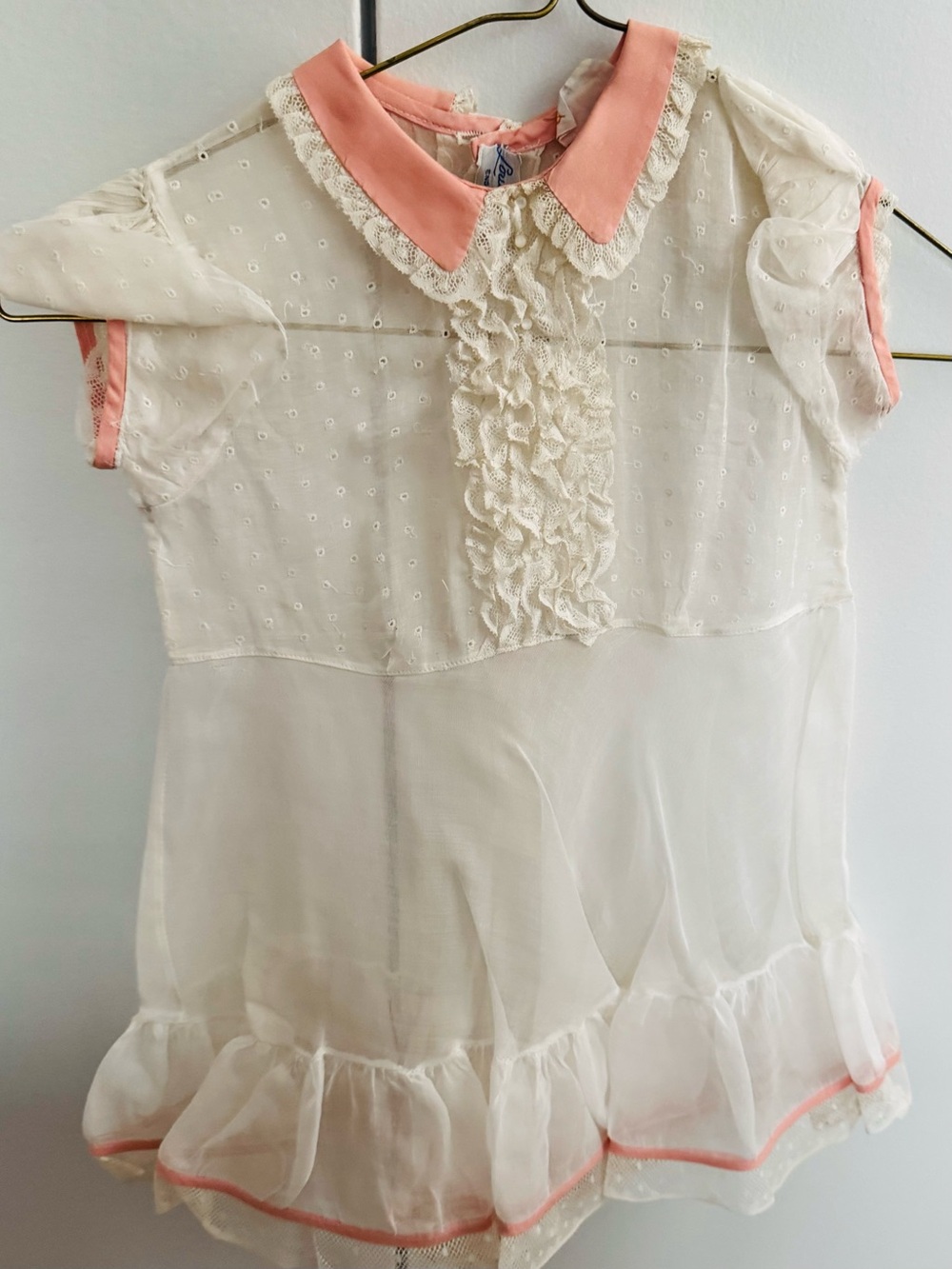 Celeste Vintage Cream Eyelet Ruffle Toddler Girls Dress with Pink Trim
